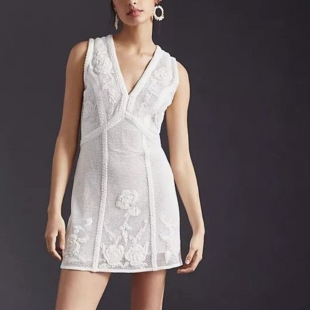 Anthropologie Not So Serious White Embroidered Beaded V-Neck Mini Dress Size XS